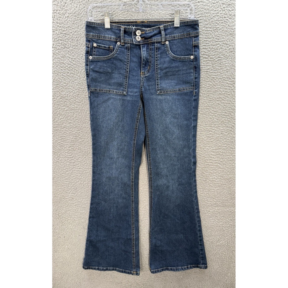 No Boundaries Jeans Womens 7 Blue Flared Stretch Thick Stitch Distressed Preppy